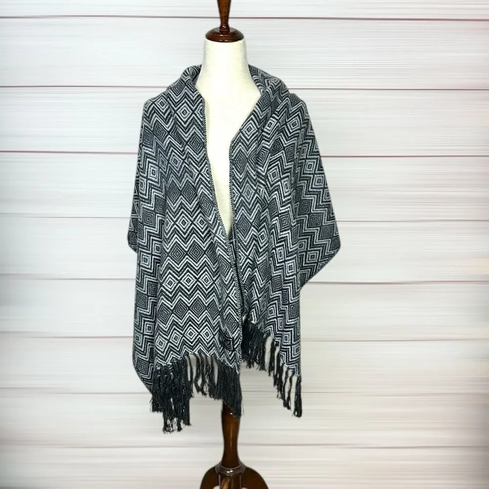 MyE Baby Alpaca Large Scarf Wrap Gray Charcoal Zigzags Fringes Men's Women's
